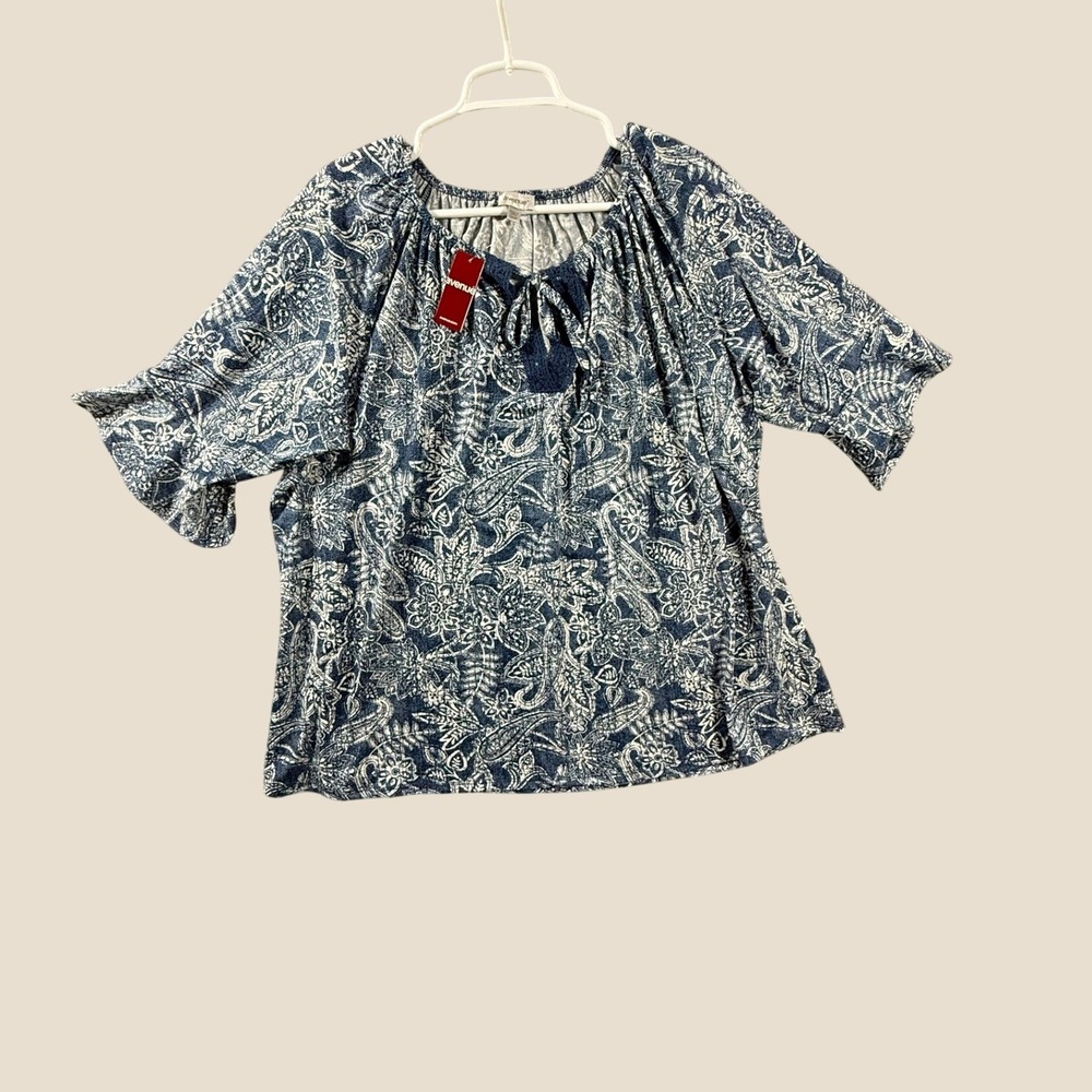 Avenue Blue Paisley Tie Front Peasant Blouse Plus Size 26/28 NWT